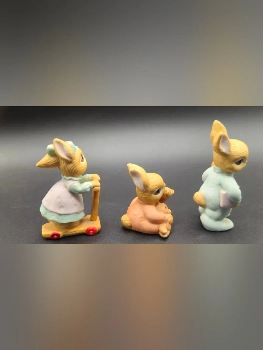 HOMCO Bunnies Figurine Set #1466, 3 pc Lot Scooter Teddy Bear Easter Rabbits VTG